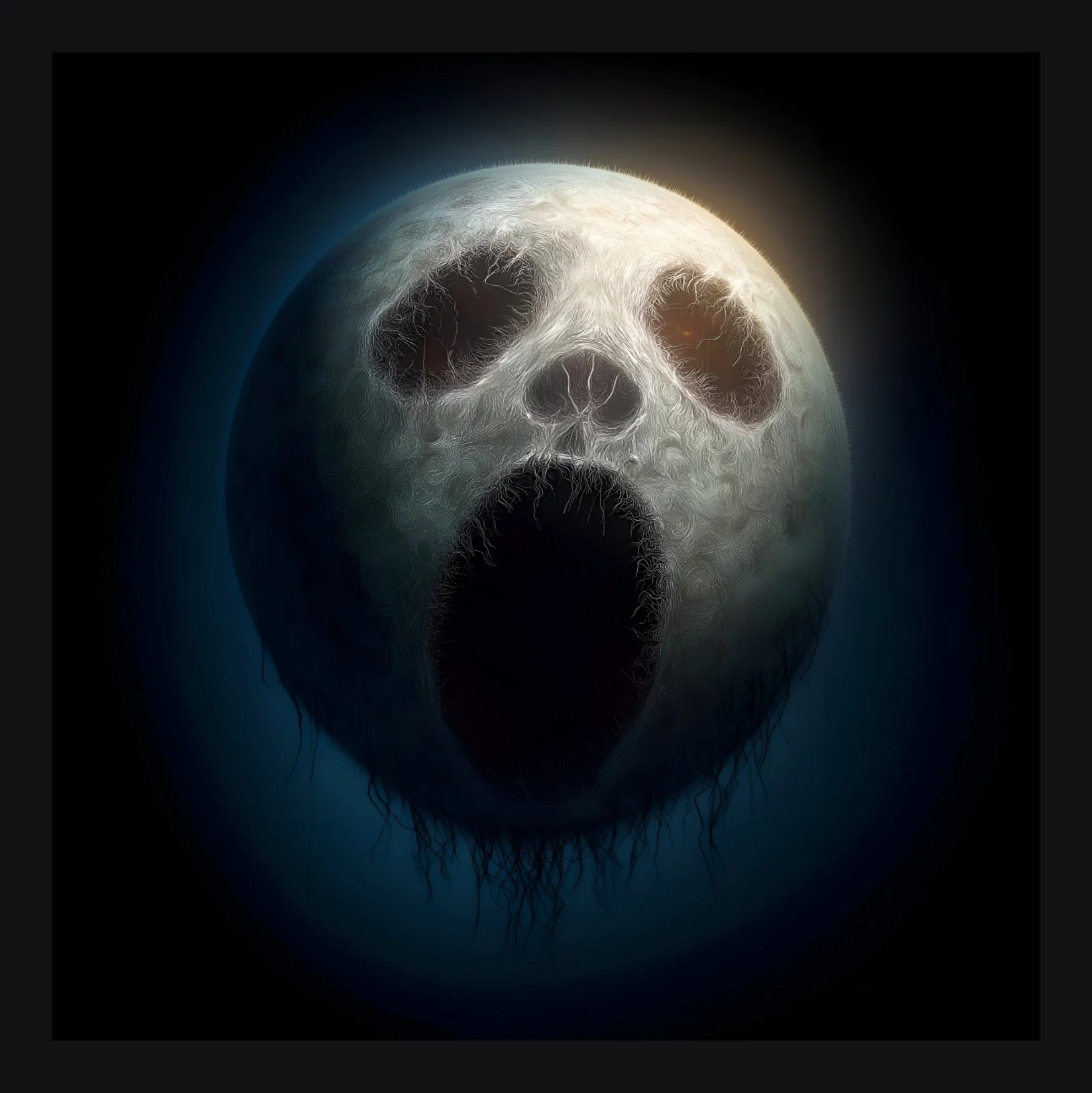 A surreal depiction of a skull resembling the moon with a glowing aura, dark eye sockets, and a black open mouth.