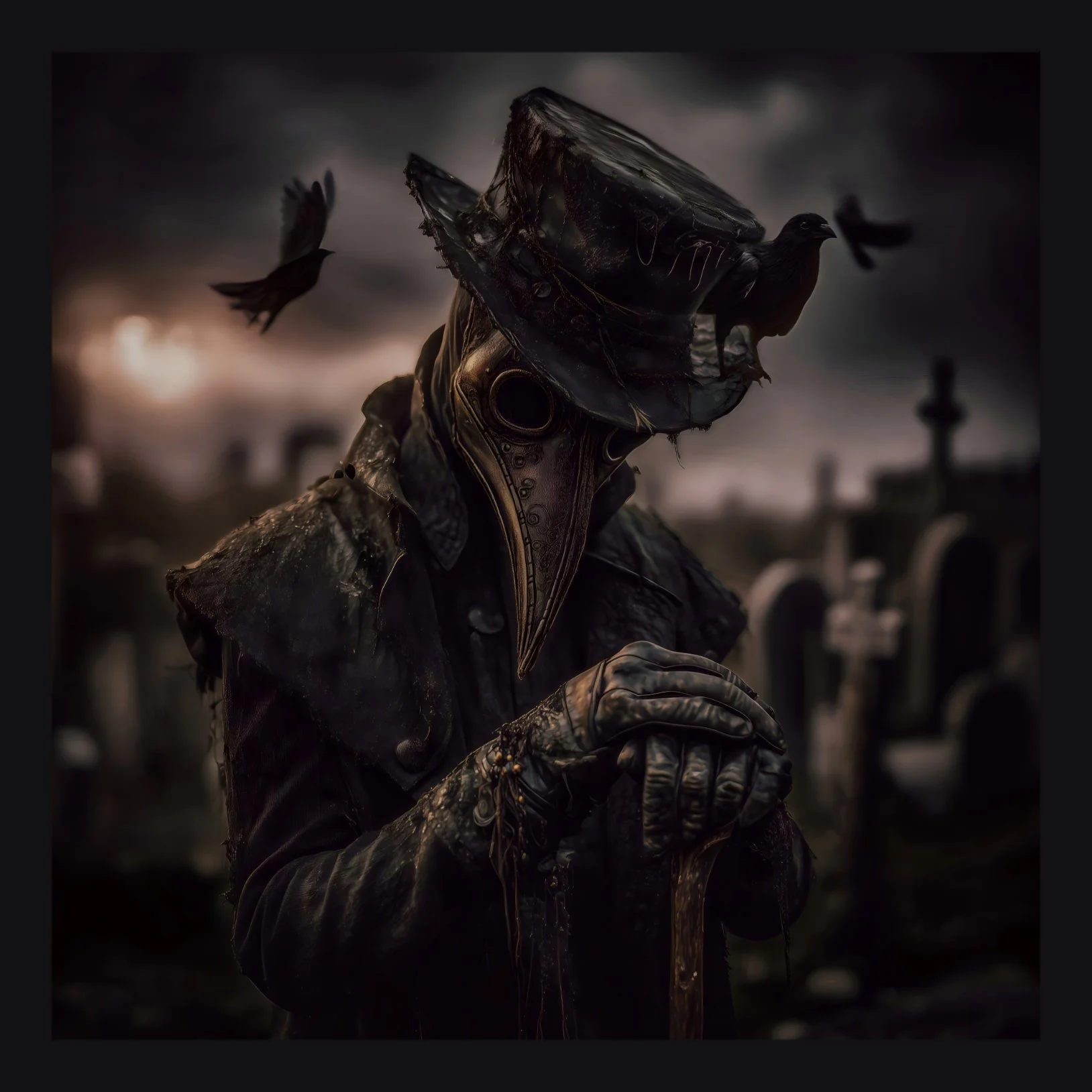 A dark, Gothic-styled illustration of a humanoid figure with an insect-like face, wearing a tall, feathered hat, praying with hands clasped, surrounded by flying black birds in a cemetery at dusk.