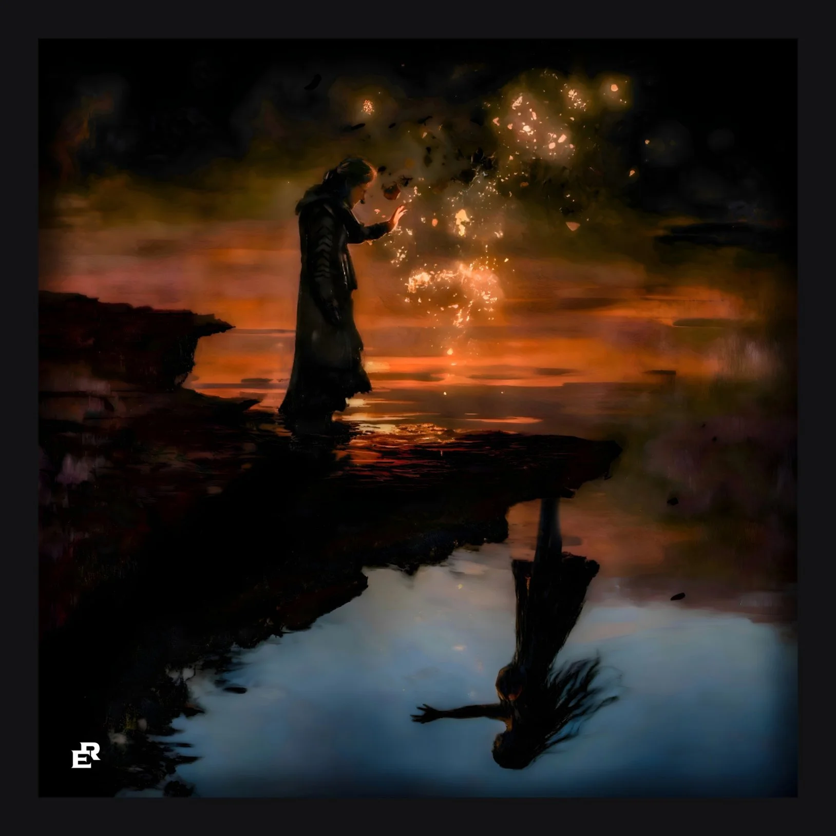 A woman stands at the edge of a body of water during sunset, with her hand raised to the sky amidst sparks or fireworks, her reflection visible in the water below.
