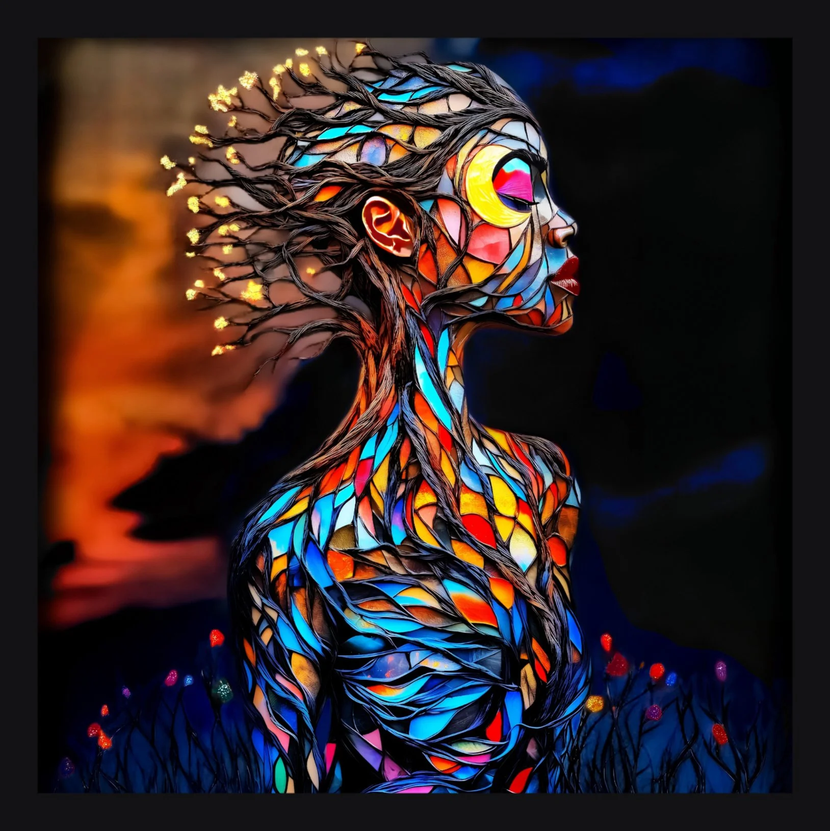 A stained glass art piece of a woman in profile, with flowing hair and vibrant, colorful details.