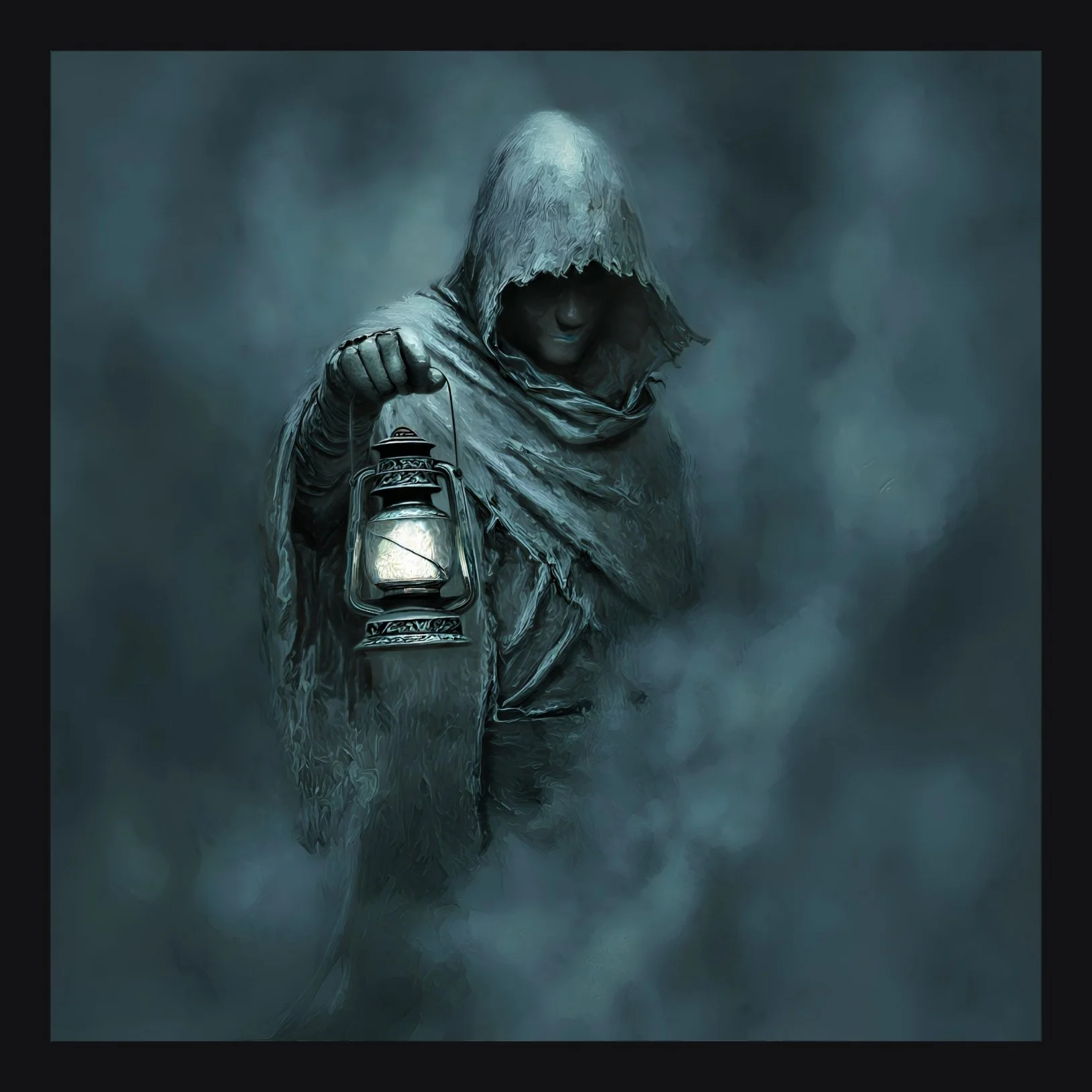 A mysterious, hooded figure holding a lantern, shrouded in fog with a dark, moody atmosphere.
