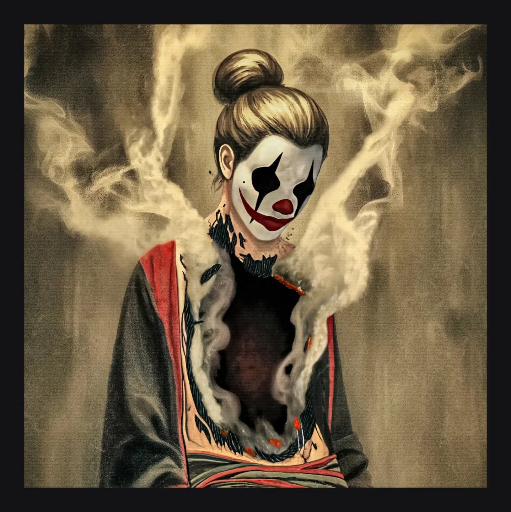 Person wearing clown makeup with white face paint, black eye designs, red nose, and red lips, dressed in a dark outfit with a fur-lined coat, with smoke surrounding them.