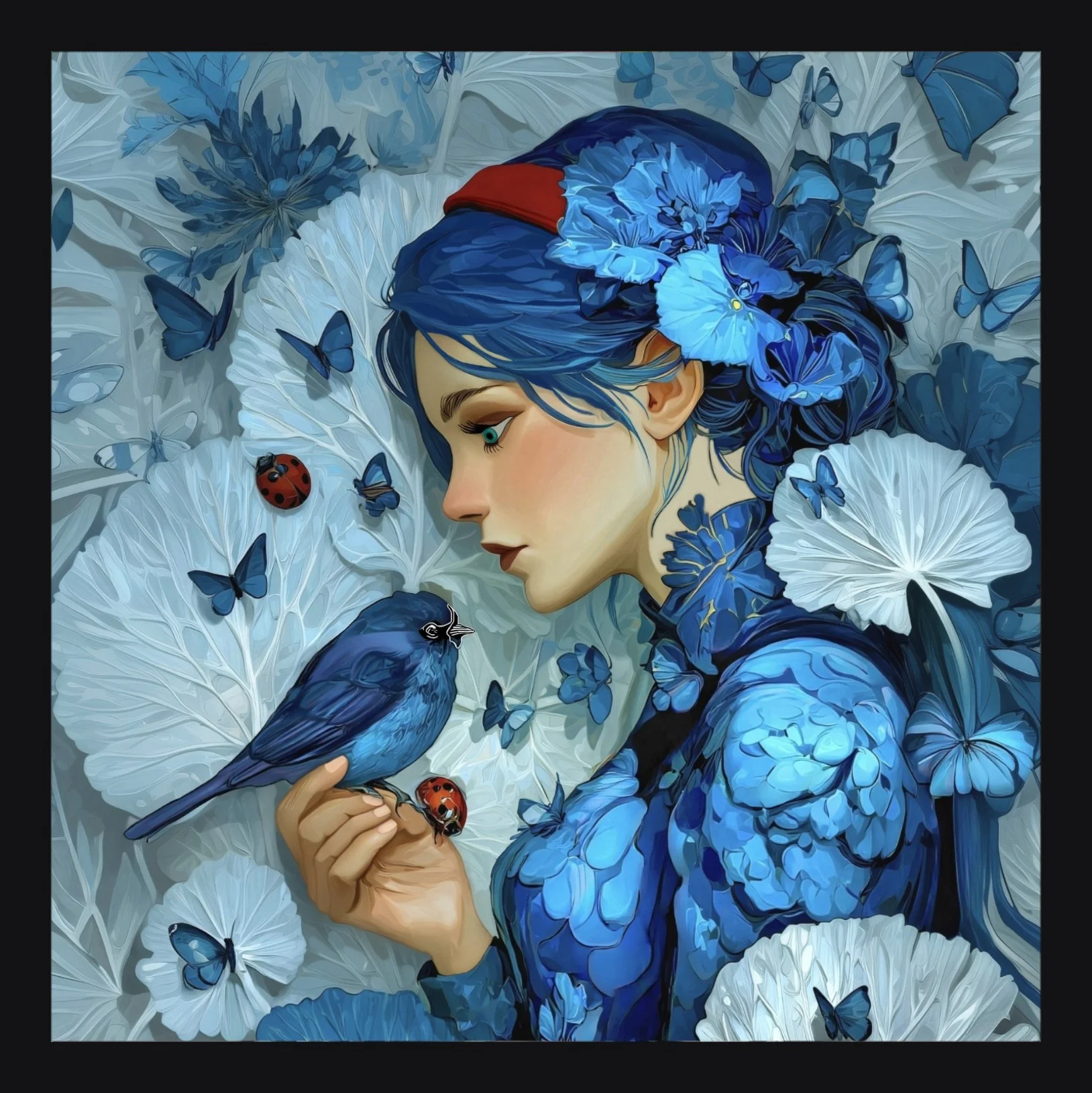 A digital painting of a woman with blue hair adorned with blue flowers, surrounded by blue butterflies and ladybugs, holding a bluebird and surrounded by white leaves.