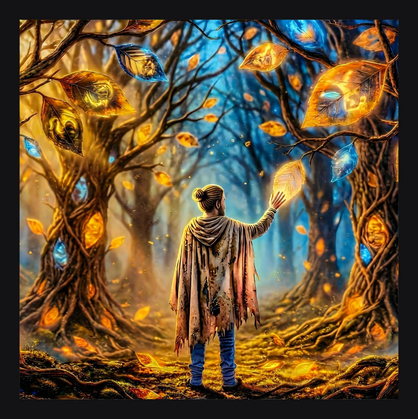 A person stands in a mystical forest with glowing, transparent, autumn-colored leaves on black, twisted trees. The person reaches out toward the leaves, which appear to glow with warm and cool hues, creating a magical atmosphere.