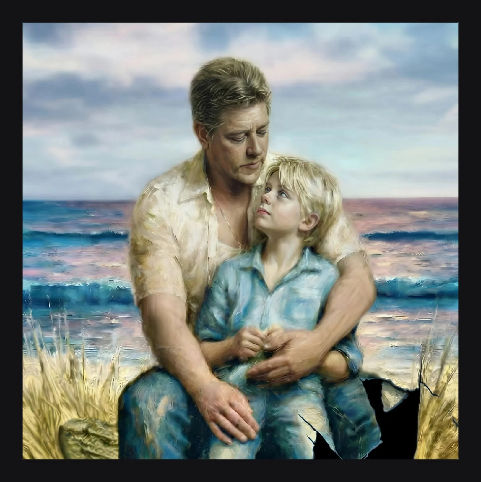 A painting of an adult woman and a young girl sitting together by the water, with a cloudy sky in the background. The woman looks down, and the girl looks up at her.