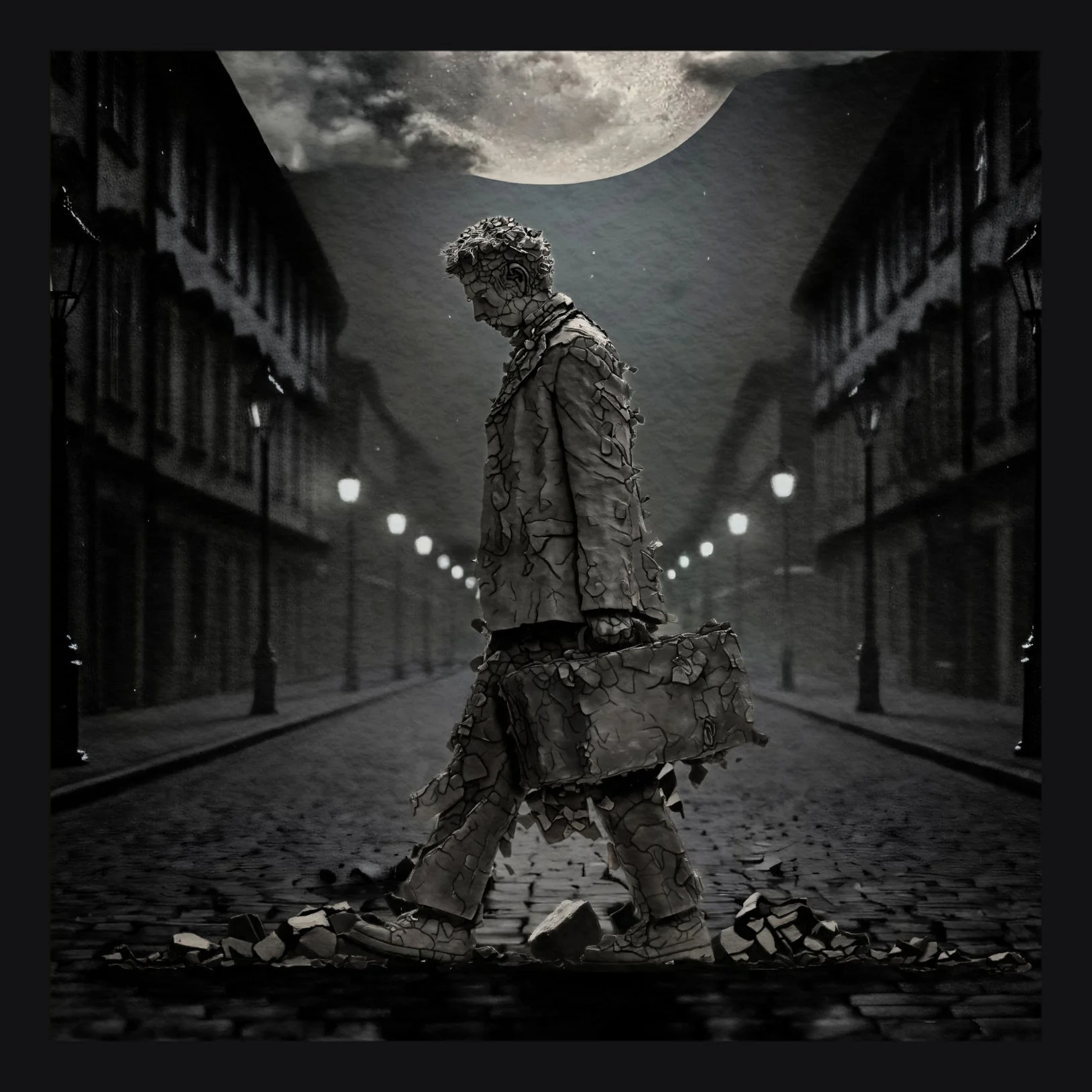 A street scene at night with a large illuminated full moon in the sky. In the center, a stylized statue of a person made of cracked, fragmented material is depicted walking, with pieces falling to the ground.