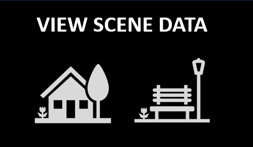 Black sign with white text reading "VIEW SCENE DATA" and icons of a house with a tree, a park bench, and a lamppost.