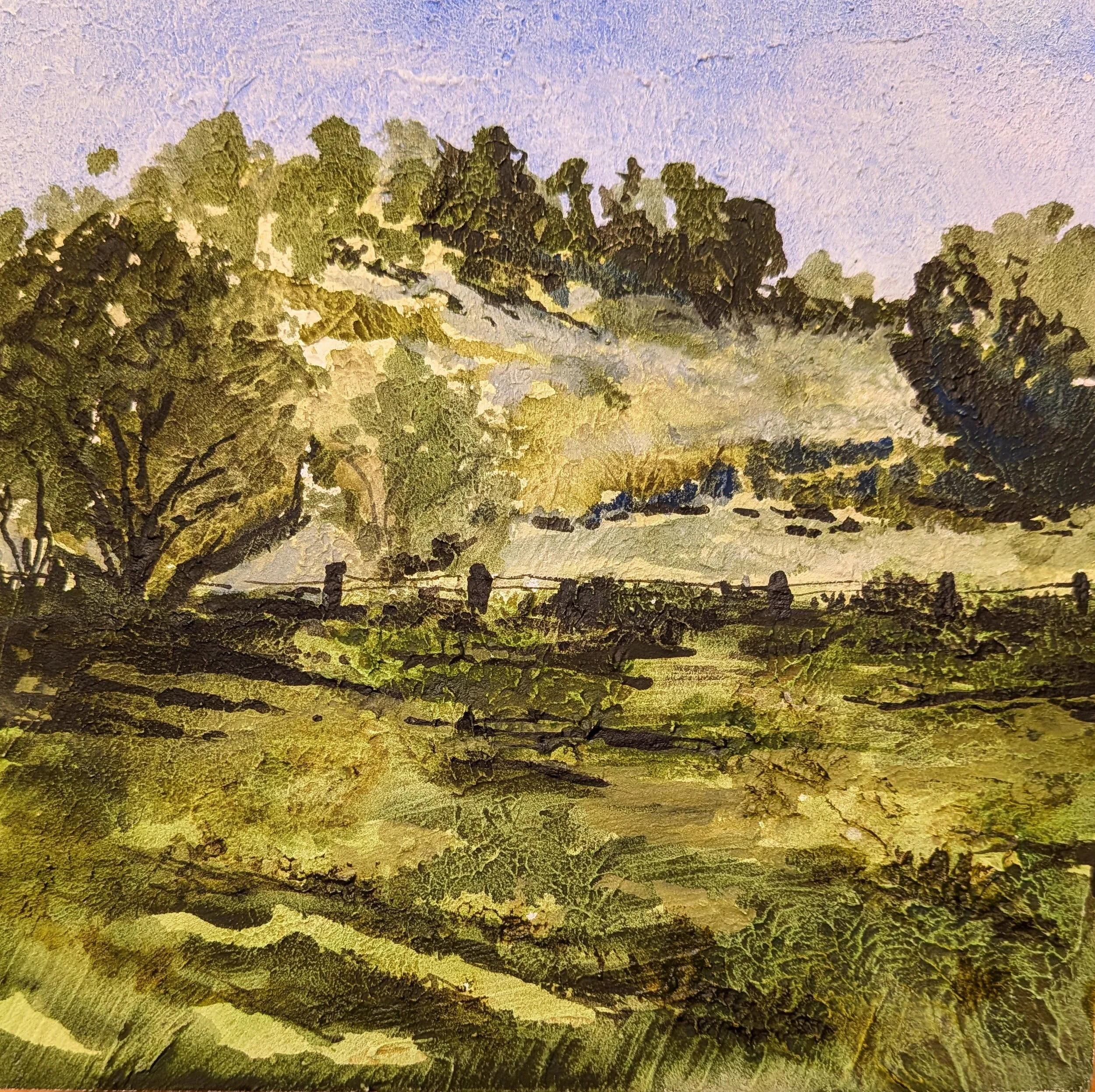 A watercolor painting of a rural landscape with a dirt path, trees, and rolling hills in the background under a light sky.