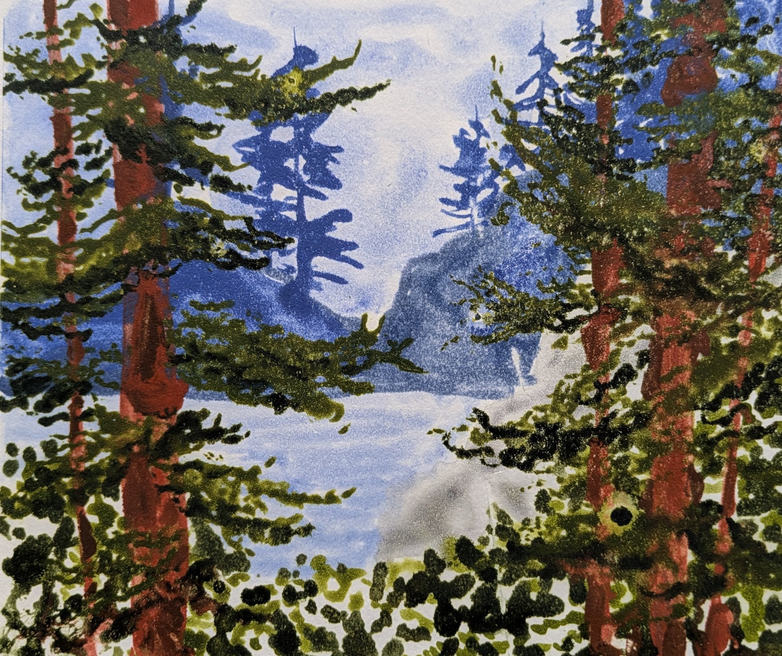 A watercolor painting of a mountain landscape with pine trees, mountains in the background, and a partly cloudy sky.