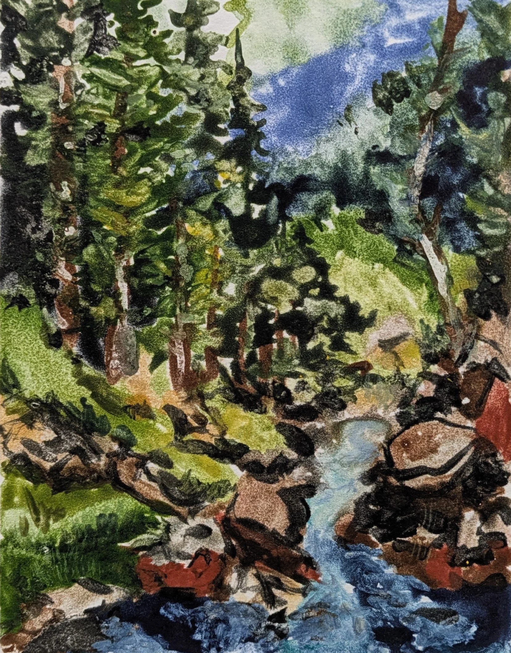 A watercolor painting of a forest scene with trees and bushes surrounding a small stream flowing over rocks.