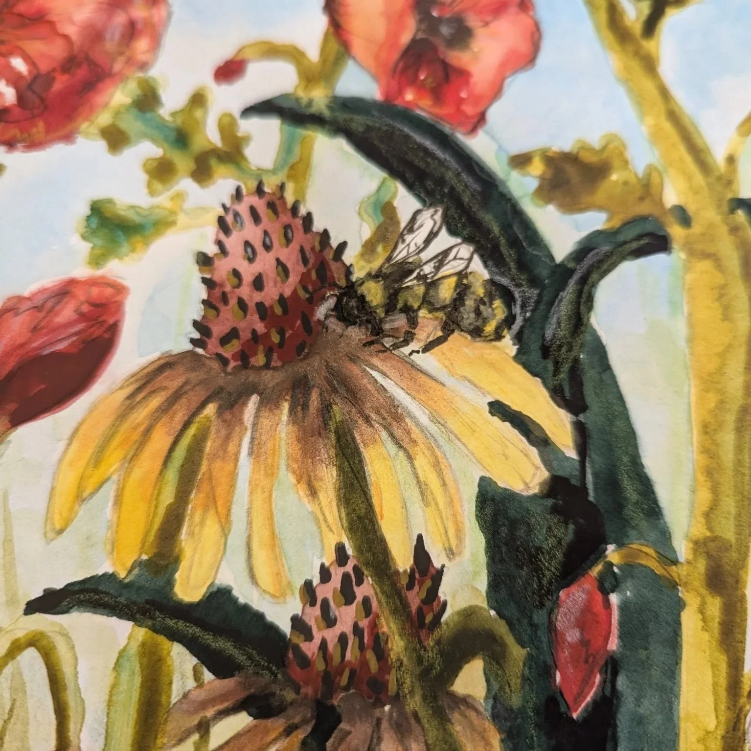 A yellow flower with a bee on its center, surrounded by red flower buds and green leaves.