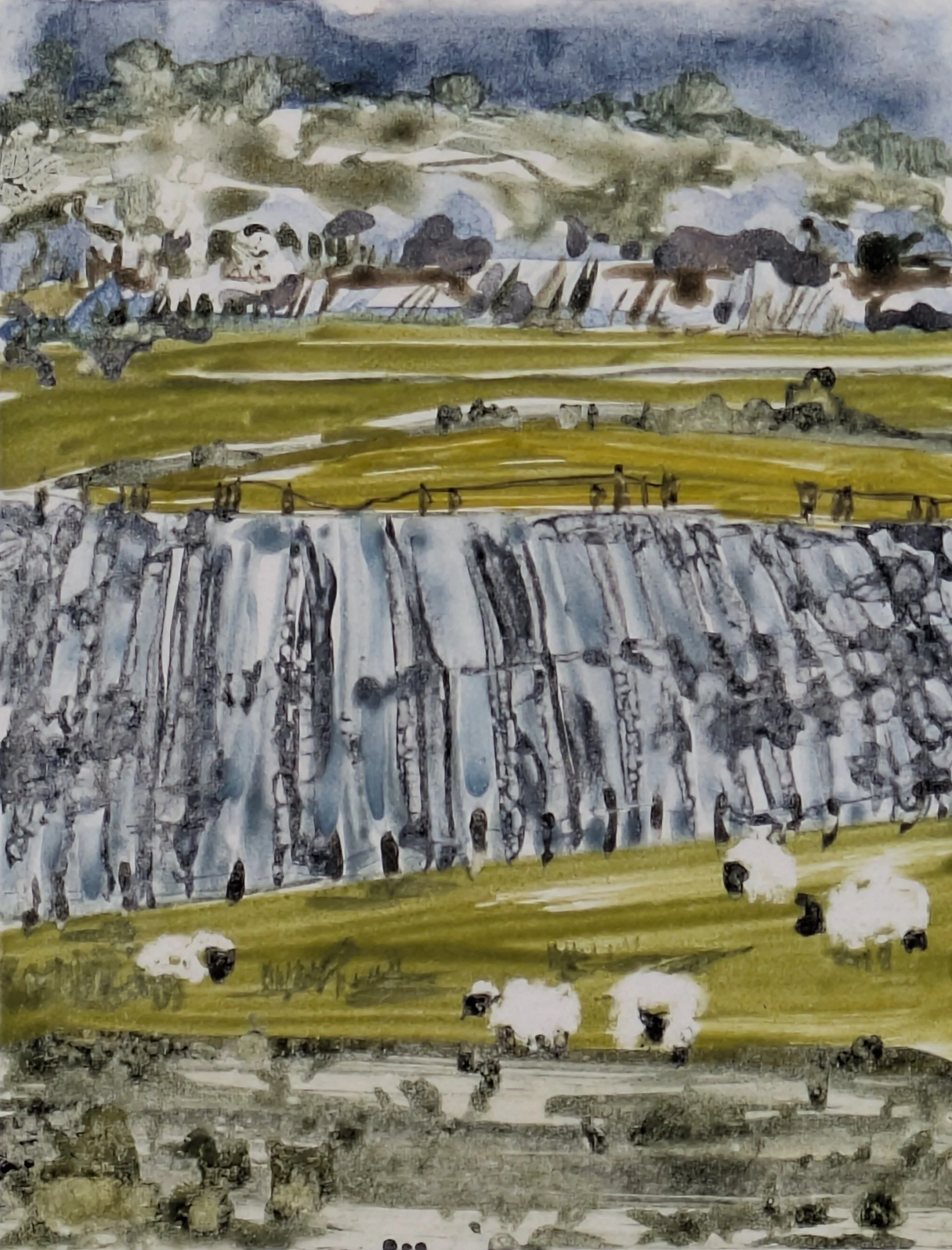 Watercolor painting of a scenic landscape with a waterfall in the foreground, grazing sheep on green fields, and rocky hills with clouds in the background.