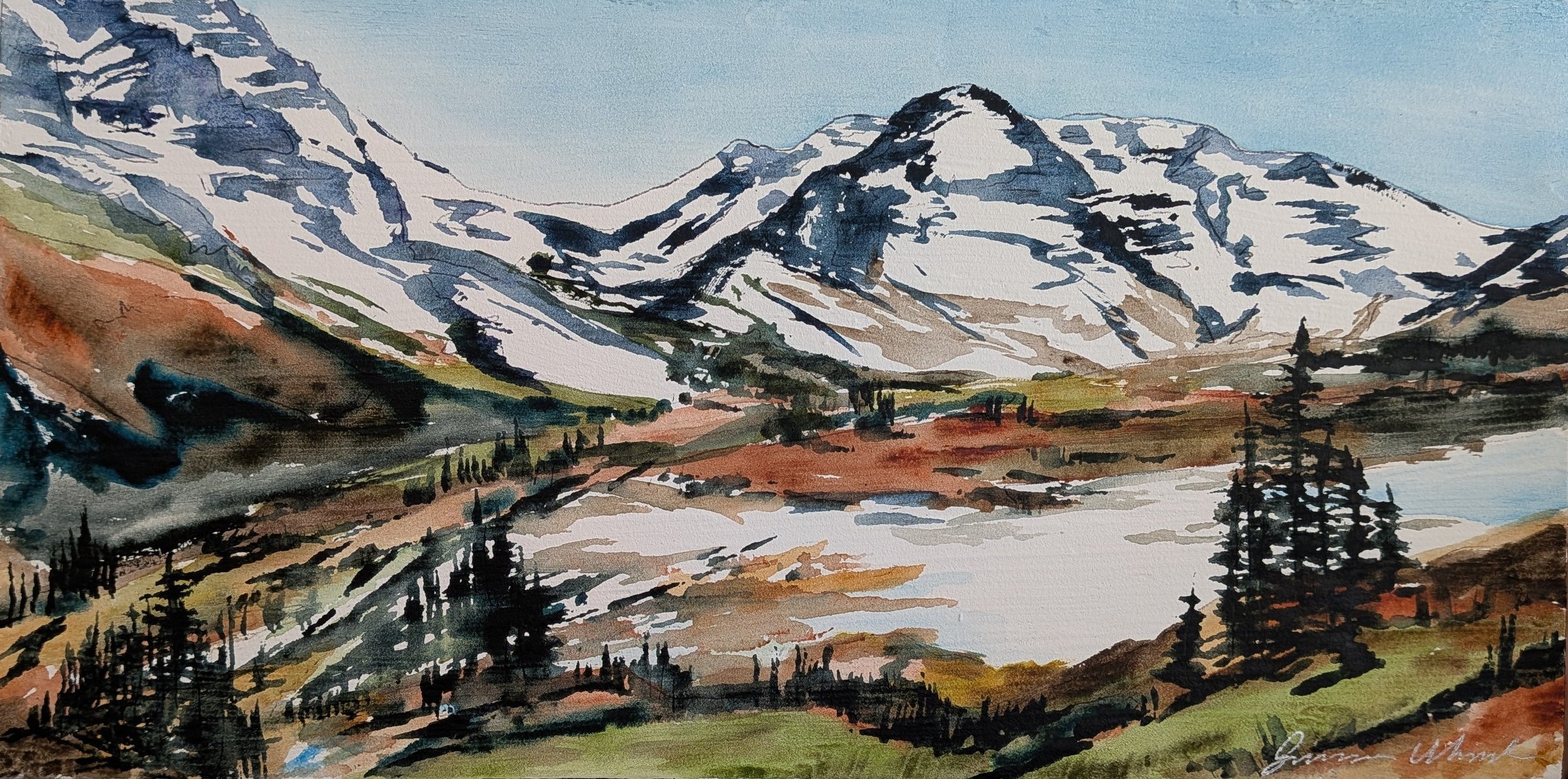 Watercolor painting of snow-capped mountains and pine trees in a valley.