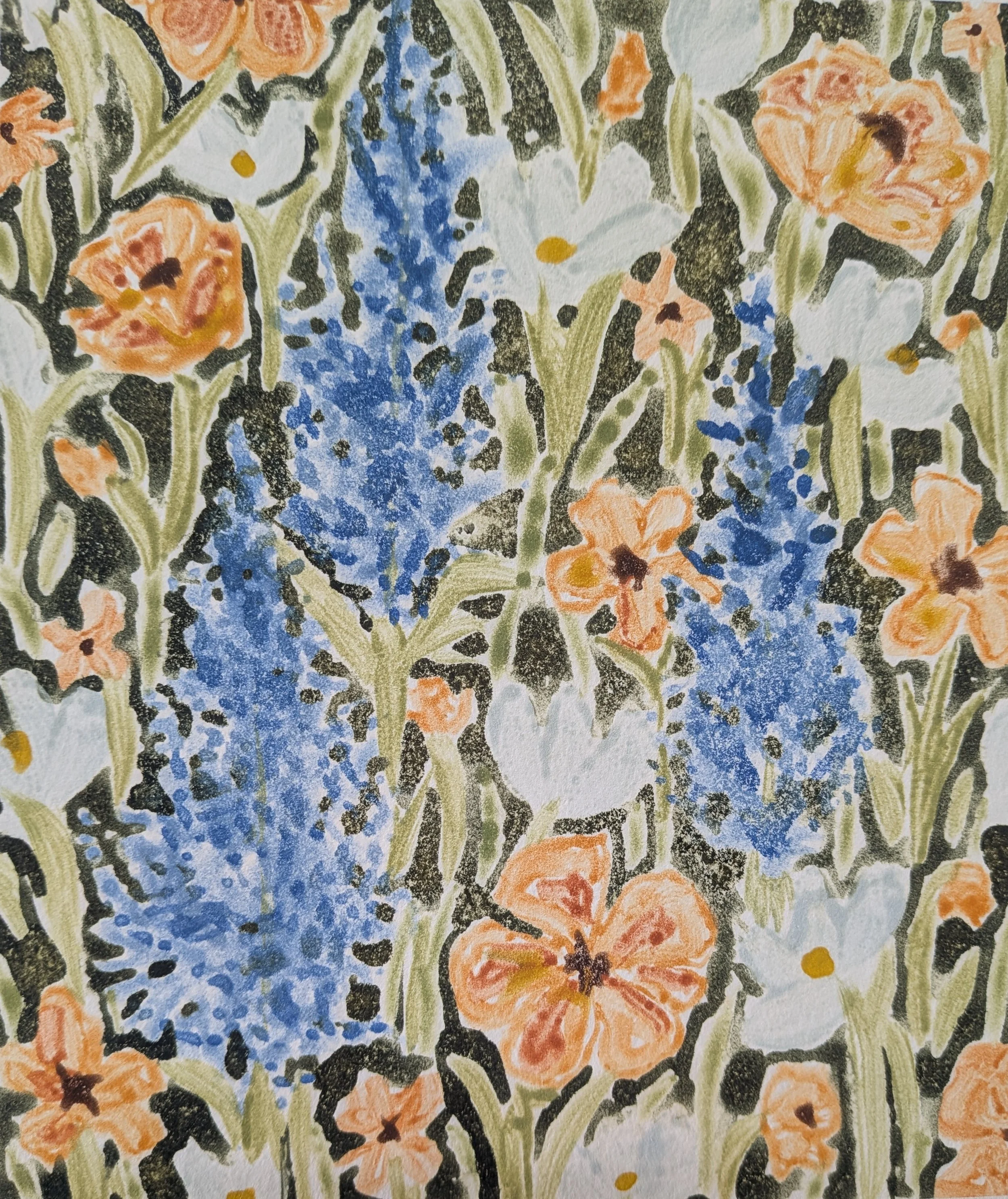 Close-up of a floral pattern with orange, white, and blue flowers, with green stems and leaves on a dark background.