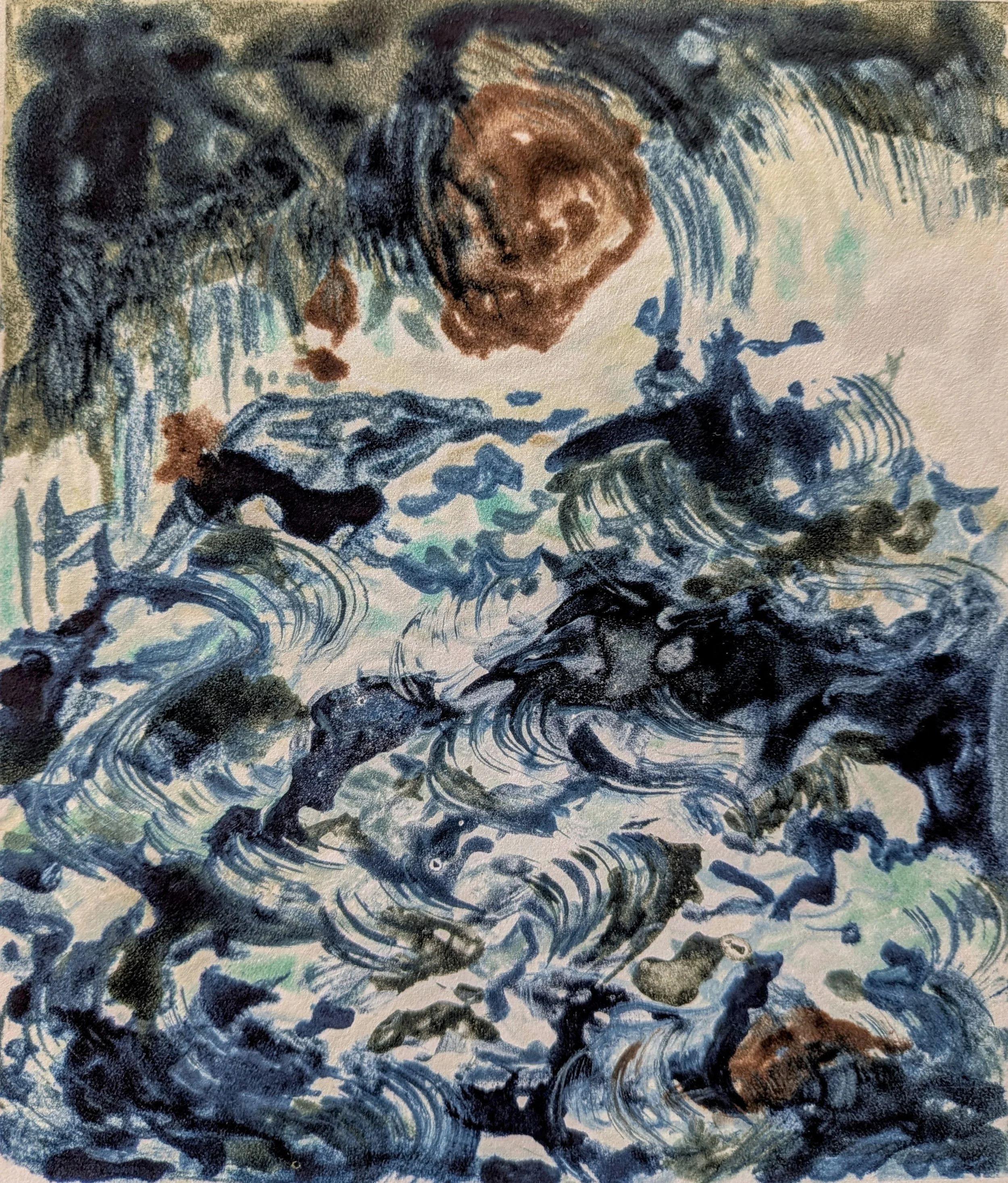Abstract watercolor painting with swirling blue, black, beige, and brown tones.