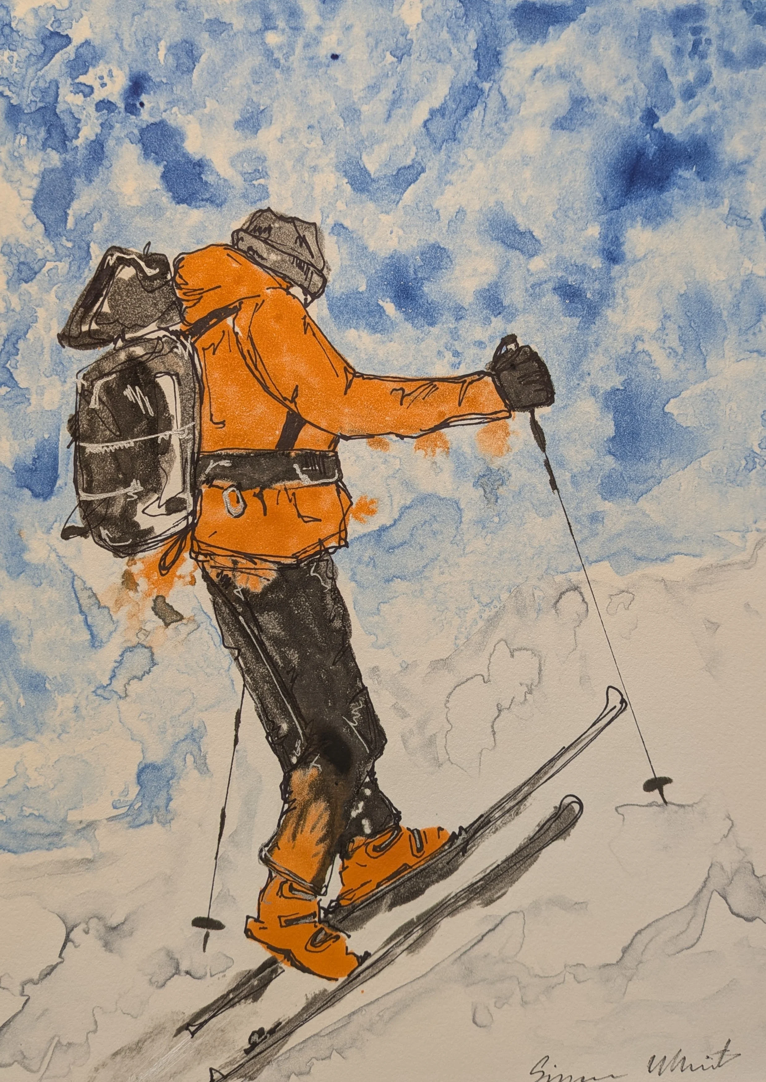 Sketch of person snowboarding, dressed in orange jacket and black pants, with a backpack, against a cloudy sky background.