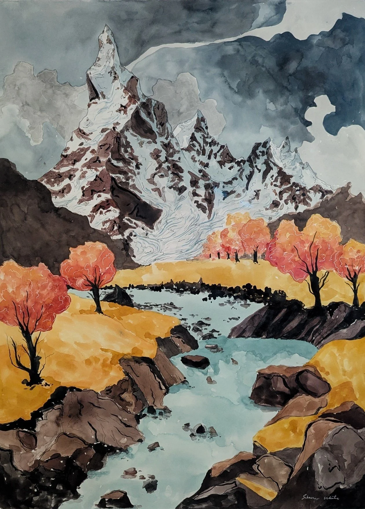 Watercolor painting of a mountain landscape featuring tall, snow-capped peaks, a flowing river, orange and yellow autumn trees, rocky terrain, and dark clouds in the sky.