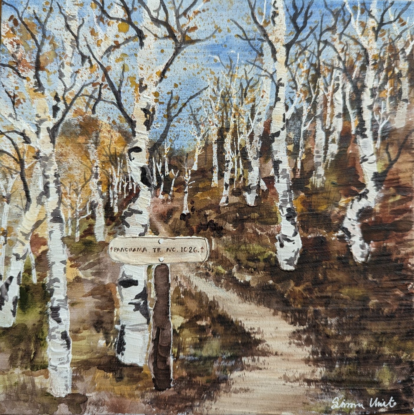 A watercolor painting of a birch forest with a dirt trail, white-barked trees with black markings, some with autumn-colored leaves, and a cloudy blue sky in the background. There is a small signpost on the trail that reads 'TRANGRAM TR. NO. 1026.f' a