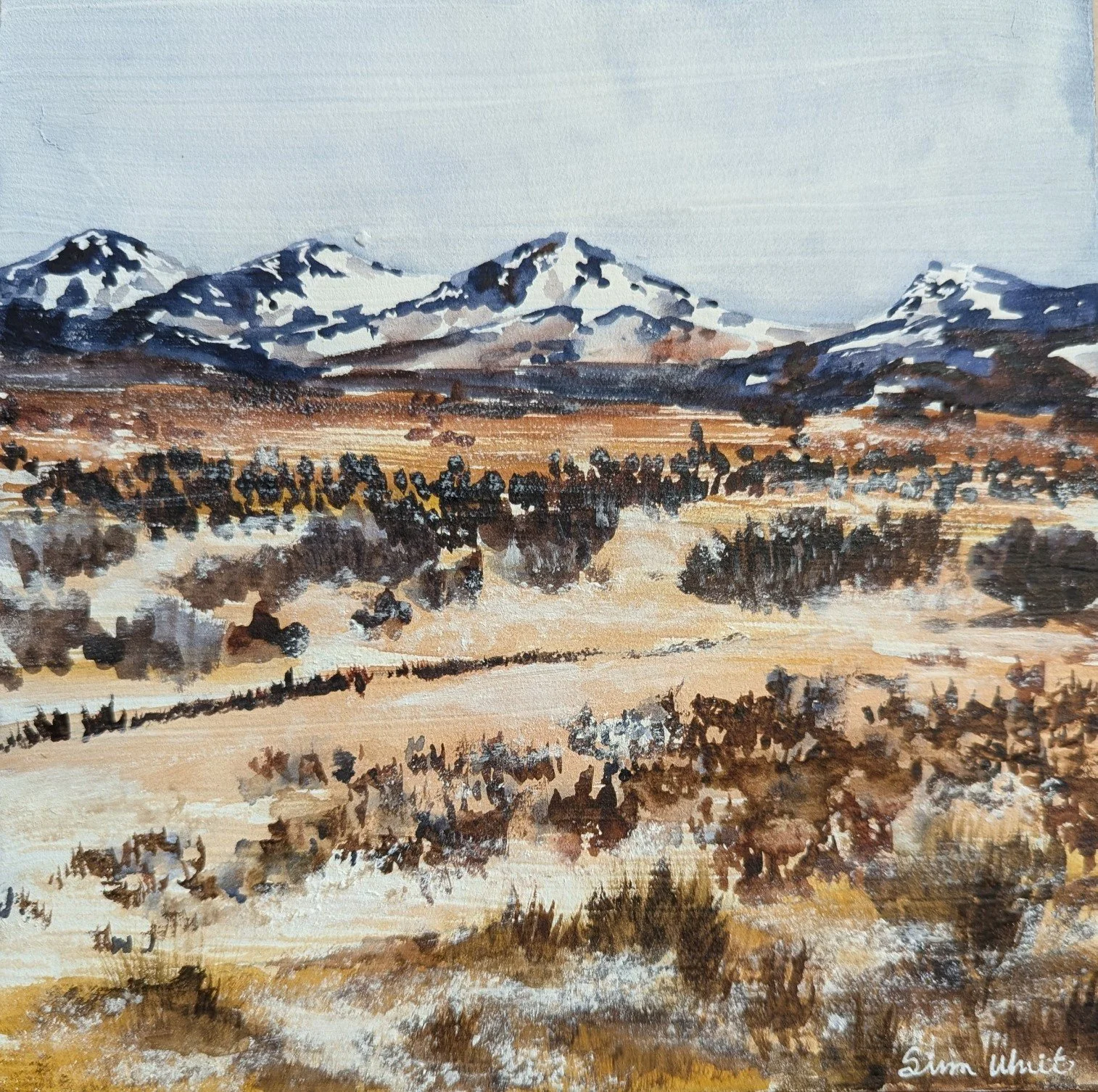 A watercolor landscape of a mountainous region with snow-capped peaks, dry grass, and sparse trees and bushes in earthy tones.