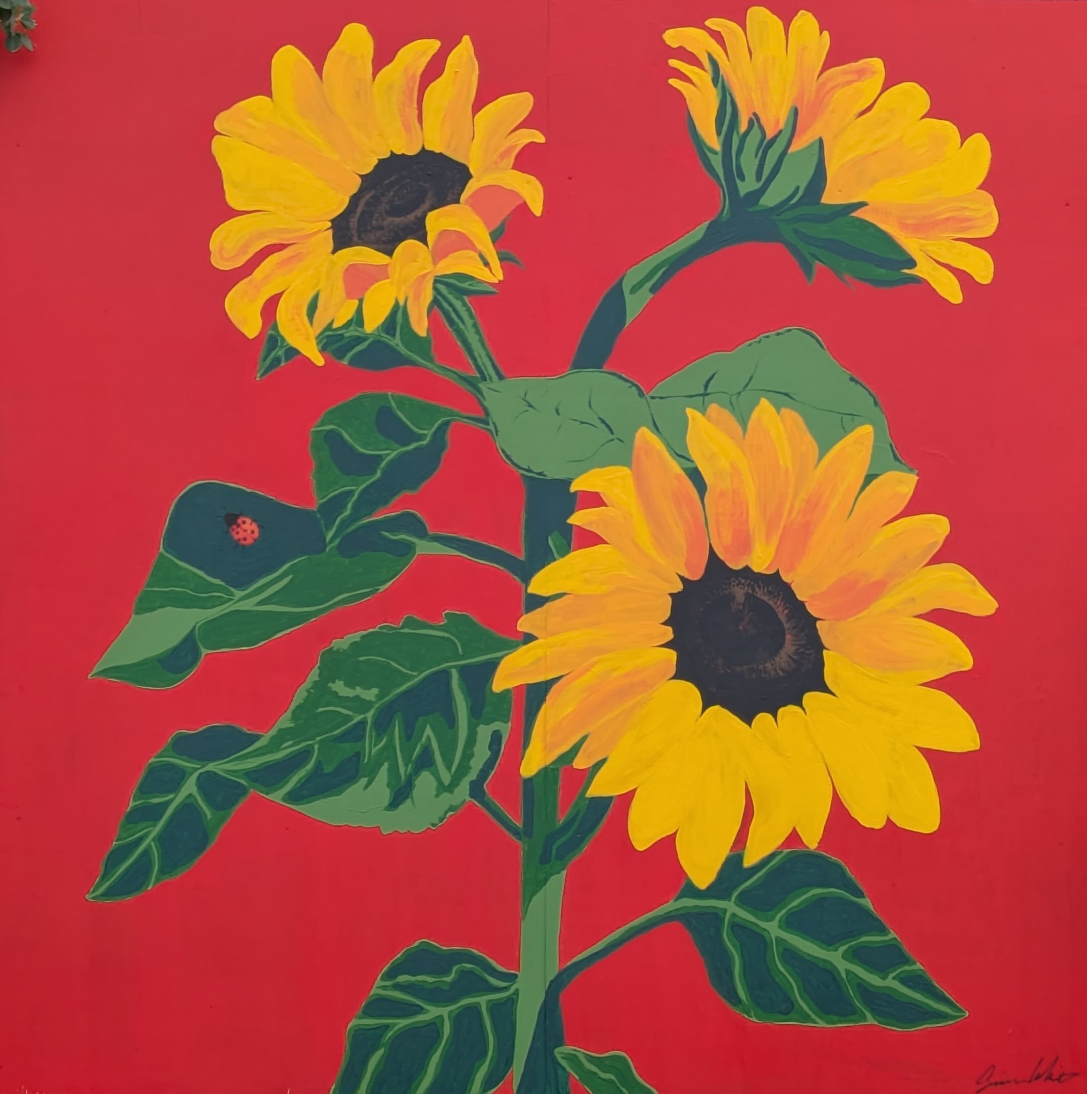 Painting of three sunflowers with yellow petals and green leaves against a red background.