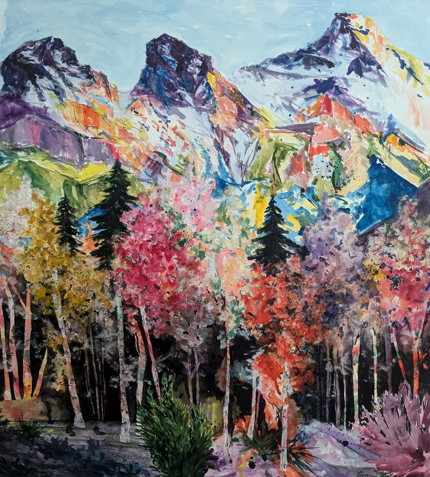Colorful watercolor painting of a mountain landscape with tall, snow-capped peaks in the background, lush vibrant trees in the foreground, and a clear sky.