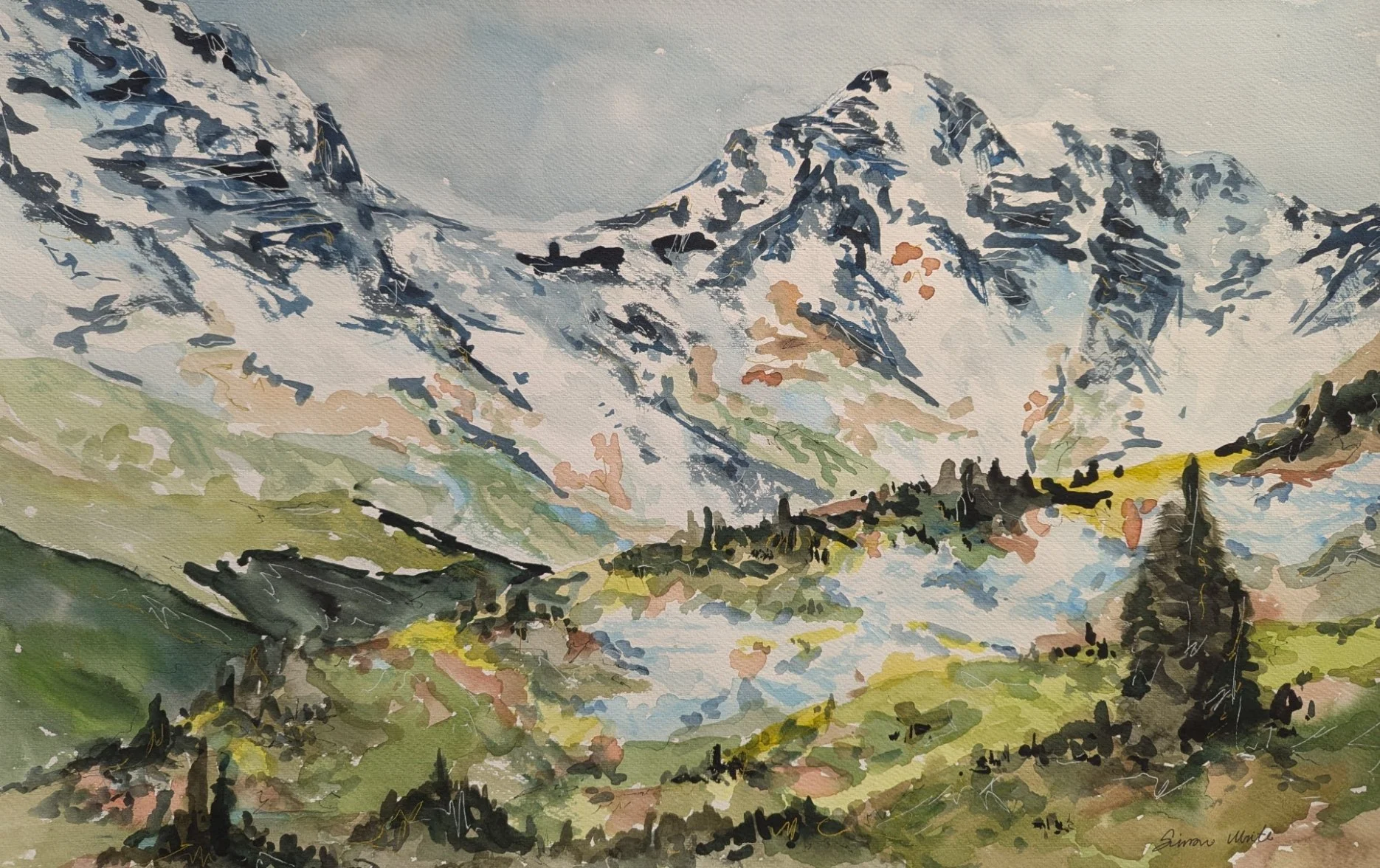 Watercolor painting of snow-capped mountains with green valleys and trees in the foreground.