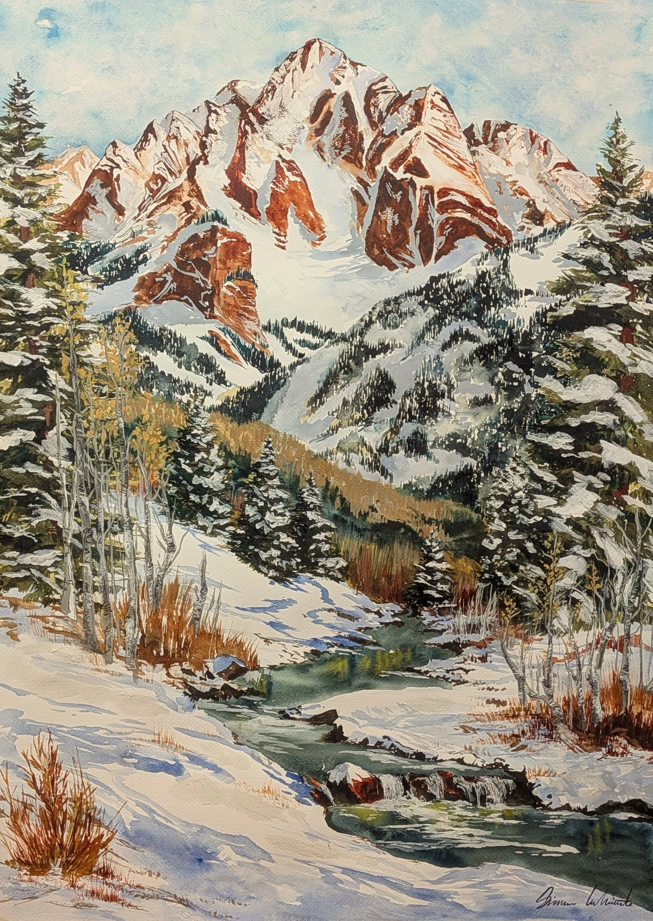 A painting of a snowy mountain landscape featuring a towering mountain with red and white rocky slopes, pine trees covered in snow, a flowing river, and foliage along the riverbank.