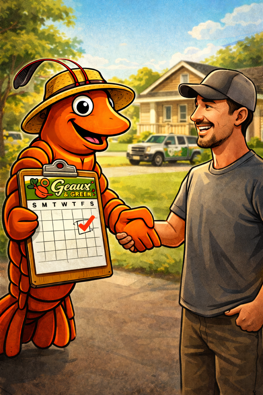 A crawfish wearing a straw hat and holding a clipboard with a calendar marked on a specific date. They are outdoors in a suburban neighborhood with a house and police car in the background.