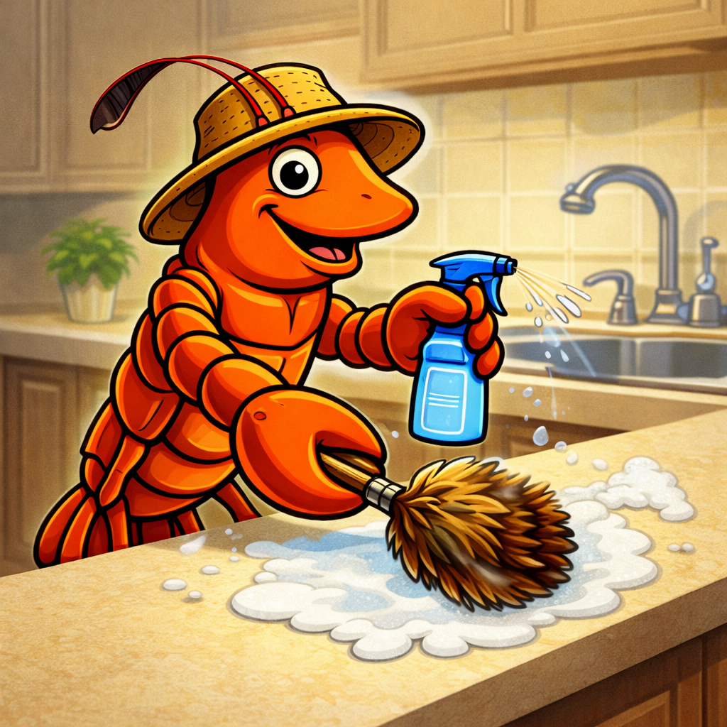 A cartoon crawfish wearing a straw hat with a feather, cleaning a kitchen countertop with a spray bottle and a cleaning brush.