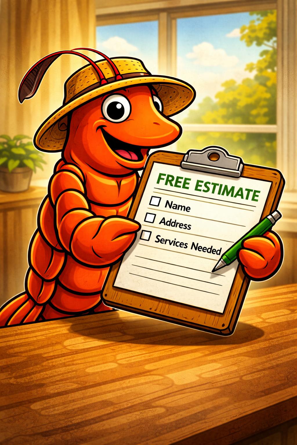 A friendly cartoon crawfish wearing a hat, holding a clipboard with a free estimate form for name, address, and services needed, standing in a bright room with a window showing trees outside.