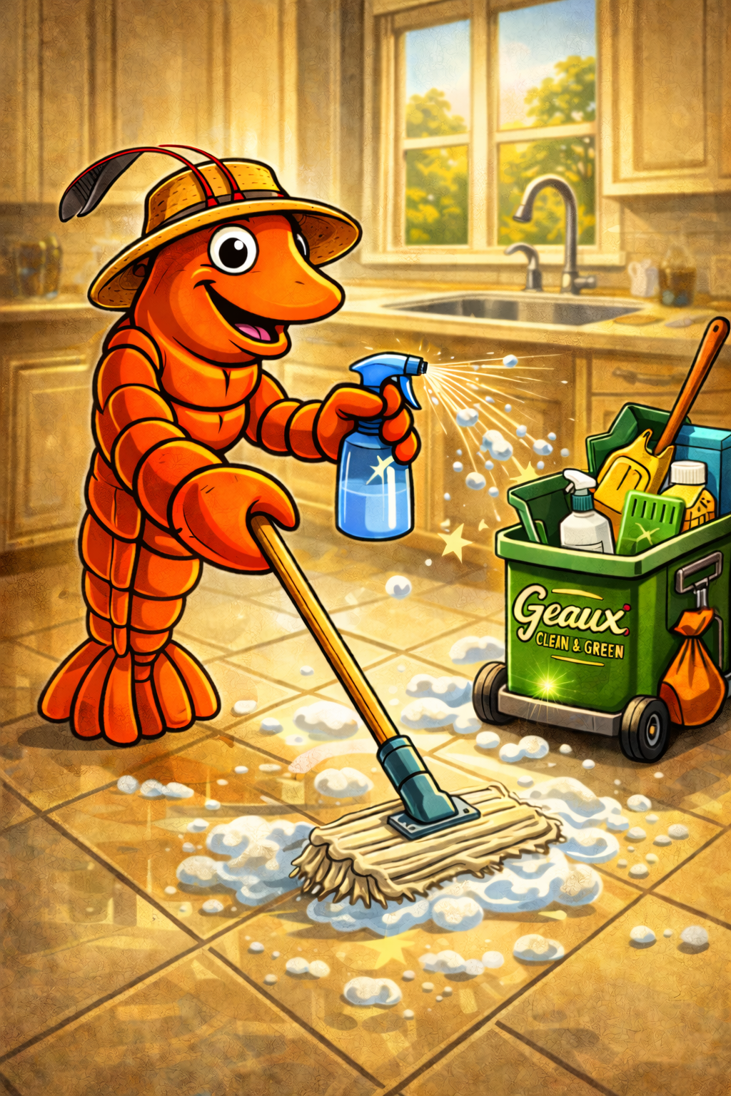 A cartoon crawfish wearing a straw hat and smiling while using a mop to clean a kitchen floor with soap and bubbles. There is a green cleaning caddy with bottles, sponges, and cleaning supplies on the floor nearby.