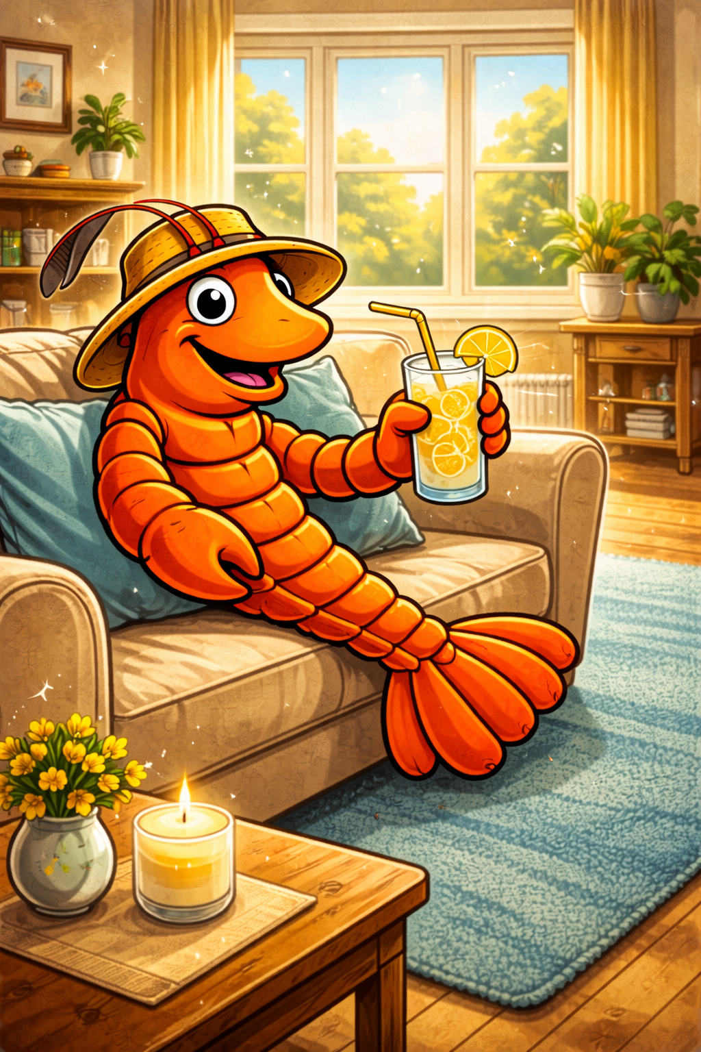 A cartoon crawfish with a straw hat sitting on a beige sofa holding a glass of lemonade with lemon slices and a straw inside, in a cozy living room with large windows, plants, a blue rug, a candle, and a small table with flowers and a lit candle.