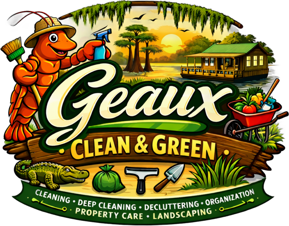 Logo for Geaux Clean & Green featuring a smiling crawfish with a broom, a watering can, a crocodile, a pumpkin, and a garden hoe, with a swamp scene including a house on stilts, trees, sunset, and flying birds in the background.