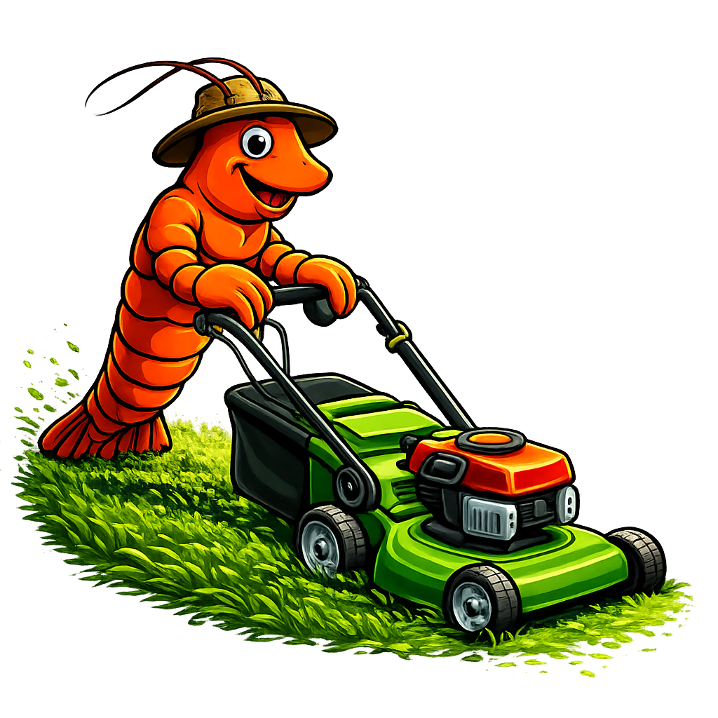 A cartoon orange cartoon character with a face, wearing a hat with grass and worms, pushing a green lawnmower on a patch of grass.
