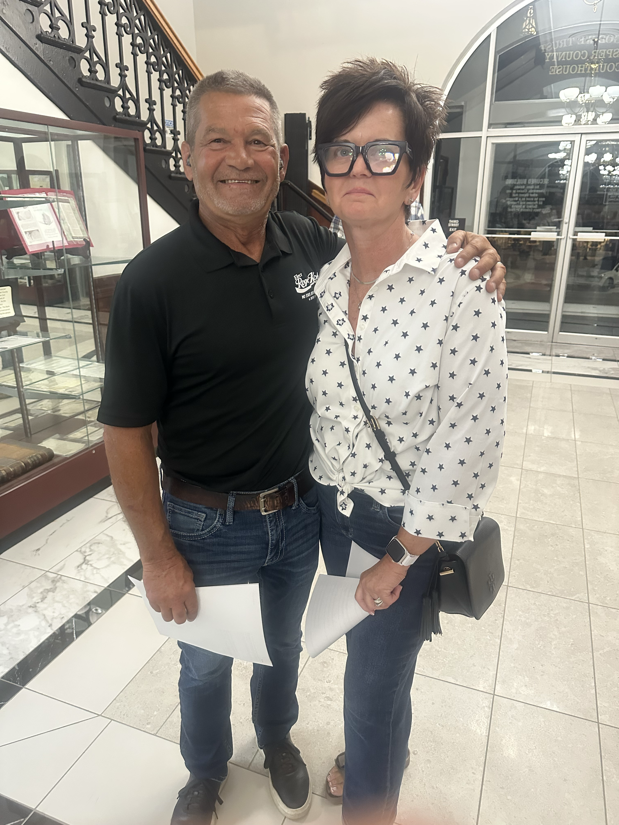 Roger and Jen with results in hand at the Carthage, MO Courthouse