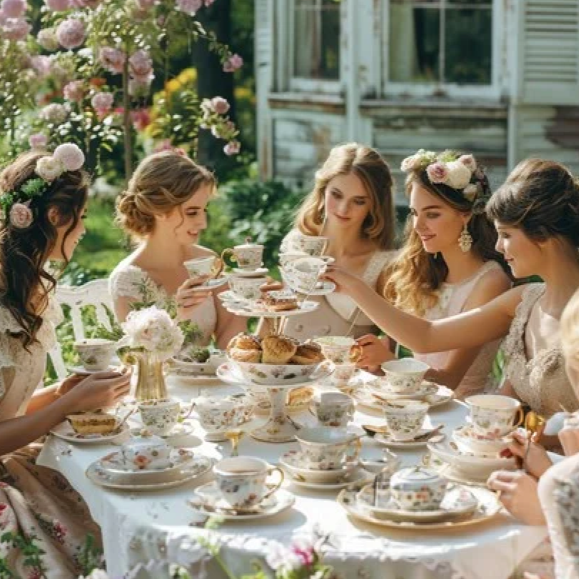 Women in vintage dresses with floral crowns enjoying a tea party outdoors on a garden table set with fine china, cake stands, and desserts, surrounded by flowers and a rustic house in the background.