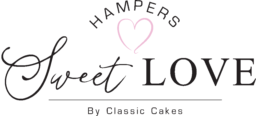Logo for 'Hampers Sweet Love' featuring a pink heart above the word 'Sweet' and the phrase 'By Classic Cakes' beneath.