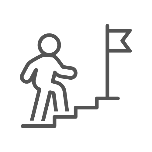 Icon of a person climbing stairs towards a flag symbolizing achievement.