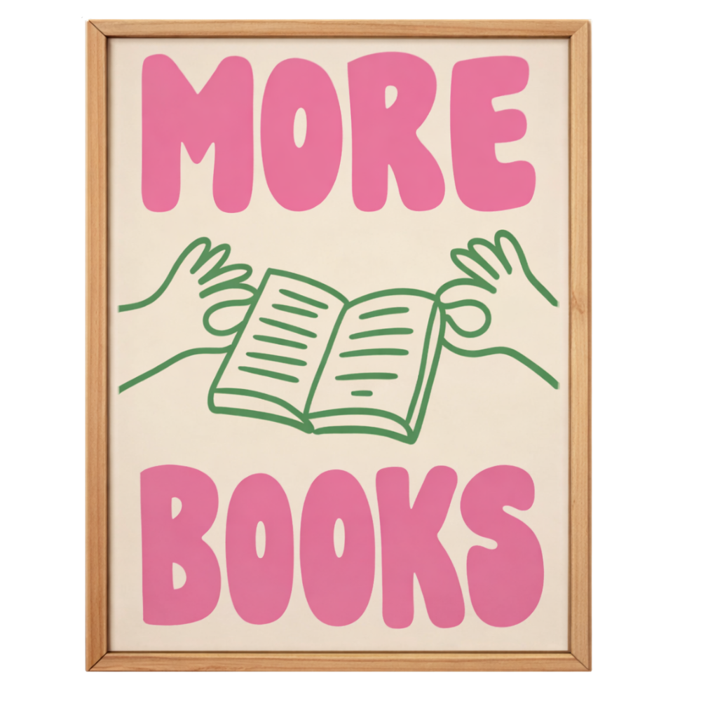More Books’ framed sign with open book illustration, representing book club culture and curated reading experiences
