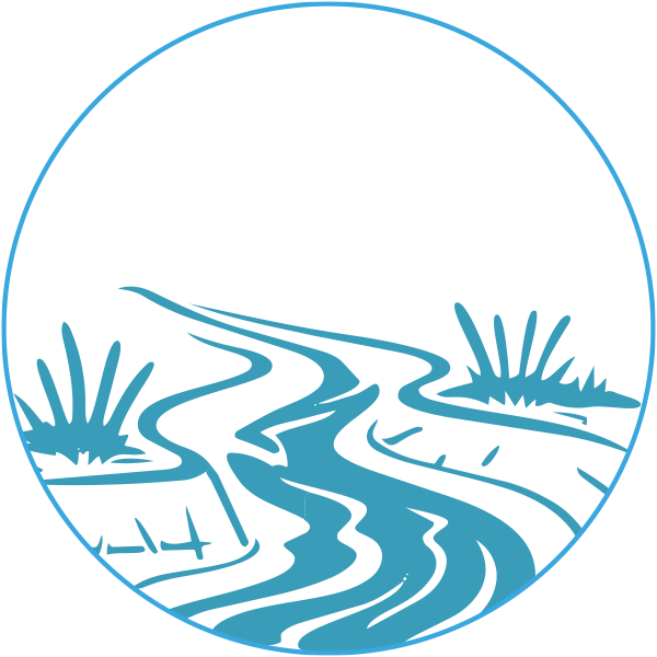 A stylized logo of a landscape with winding river and grass in a circular frame