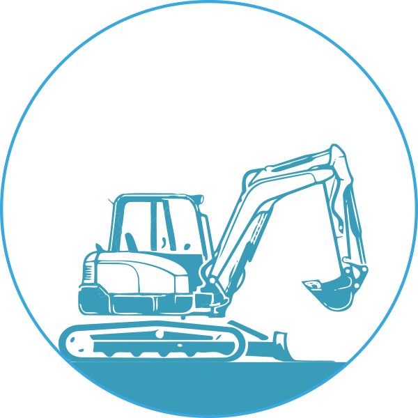 Line drawing of an excavator inside a circular border.