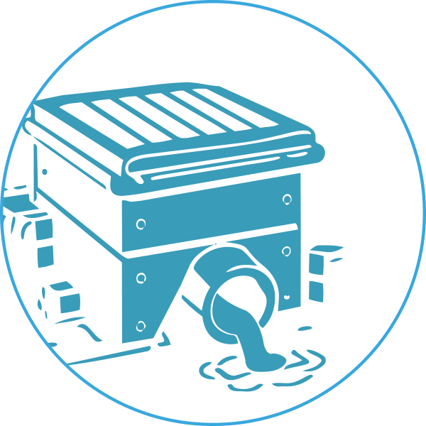 Illustration of a septic tank with liquid overflowing from the outlet pipe.