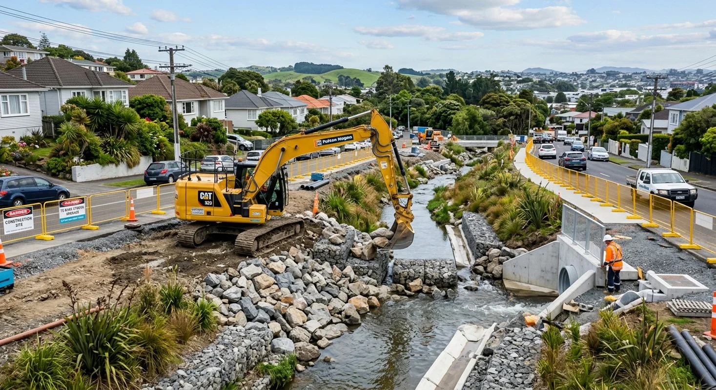Construction workers and an excavator working on a stream under a road in a residential area.