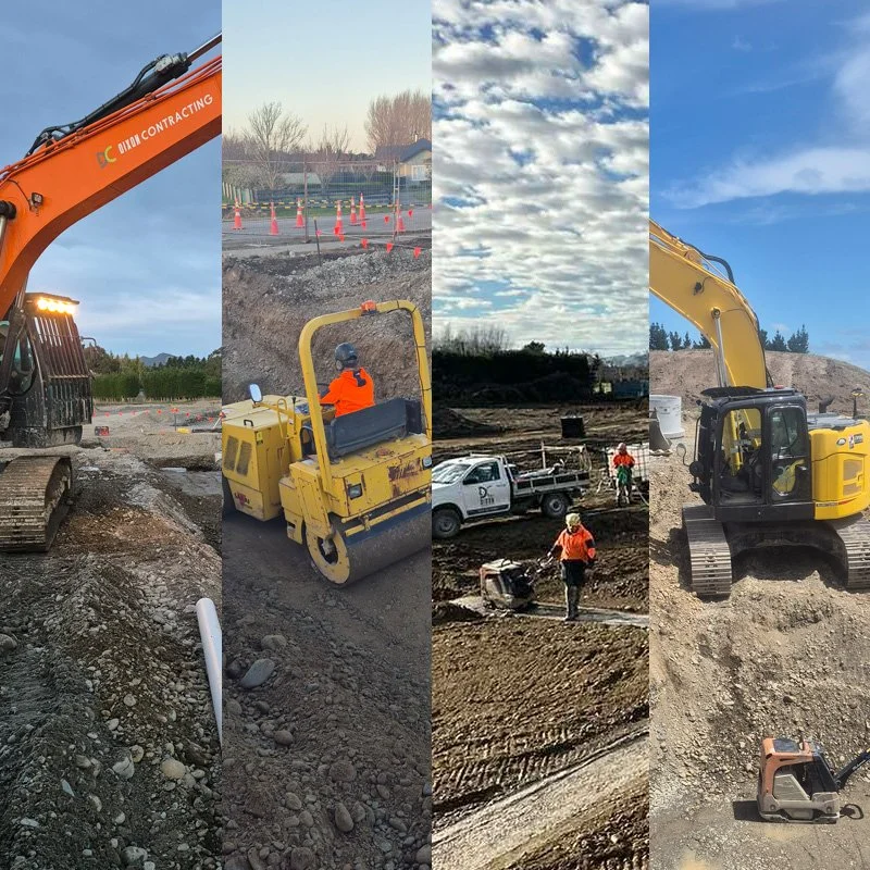 Composite image showing construction sites with heavy machinery such as excavators and compactors, workers in safety attire, and a dirt or gravel terrain under a partly cloudy sky.