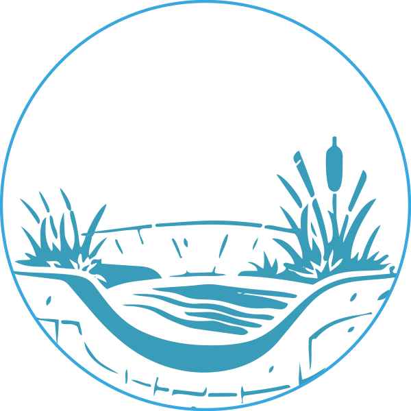 A stylized fishing scene inside a circular frame, with a line fishing into a pond surrounded by grass and cattails.