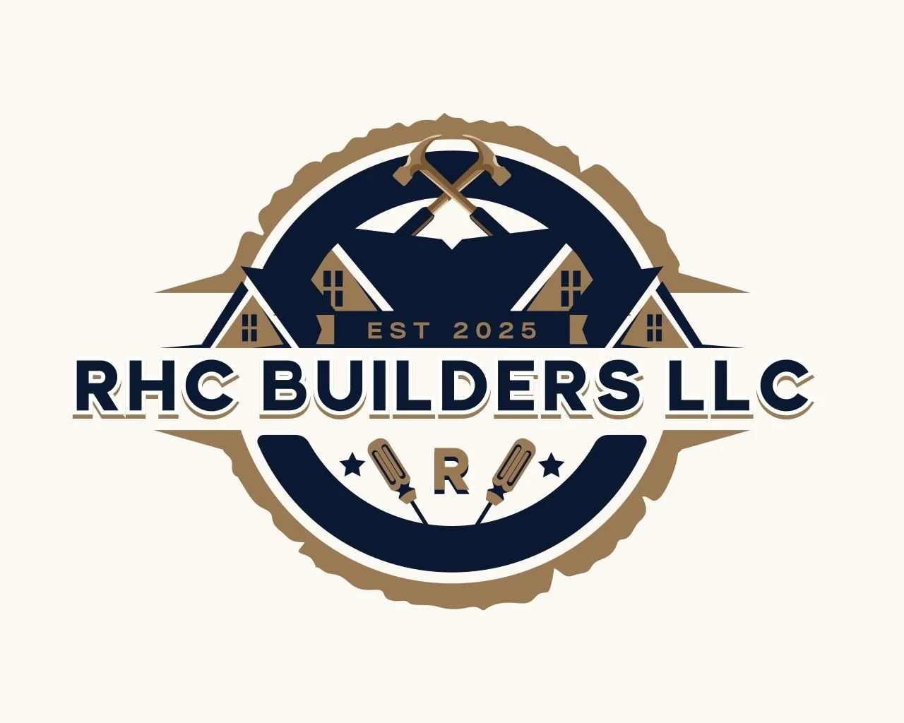 Logo for RHC Builders LLC, established 2025, featuring a circular badge with houses, crossed hammer and wrench, and screwdriver symbols in navy, beige, and white colors.