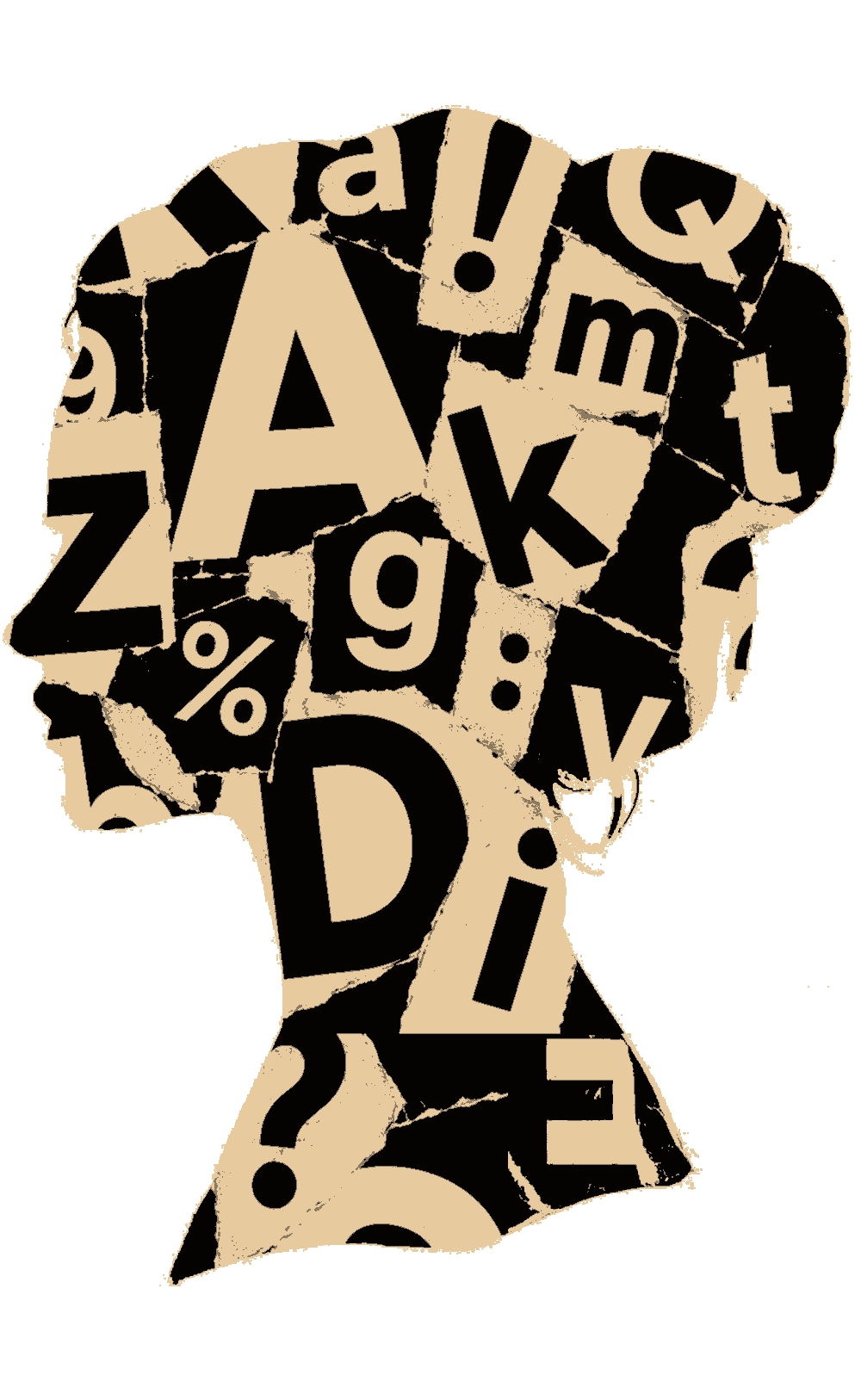 A silhouette of a human head filled with various black and beige torn paper letters, numbers, and symbols.