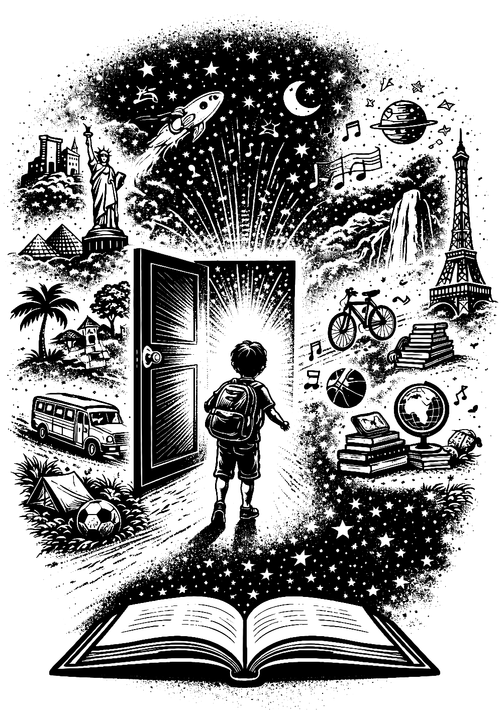 A young boy with a backpack standing at an open door, with a world of imagination and exploration emerging, including landmarks like the Statue of Liberty, Eiffel Tower, and pyramids, along with space elements, sports equipment, books, and travel icons.