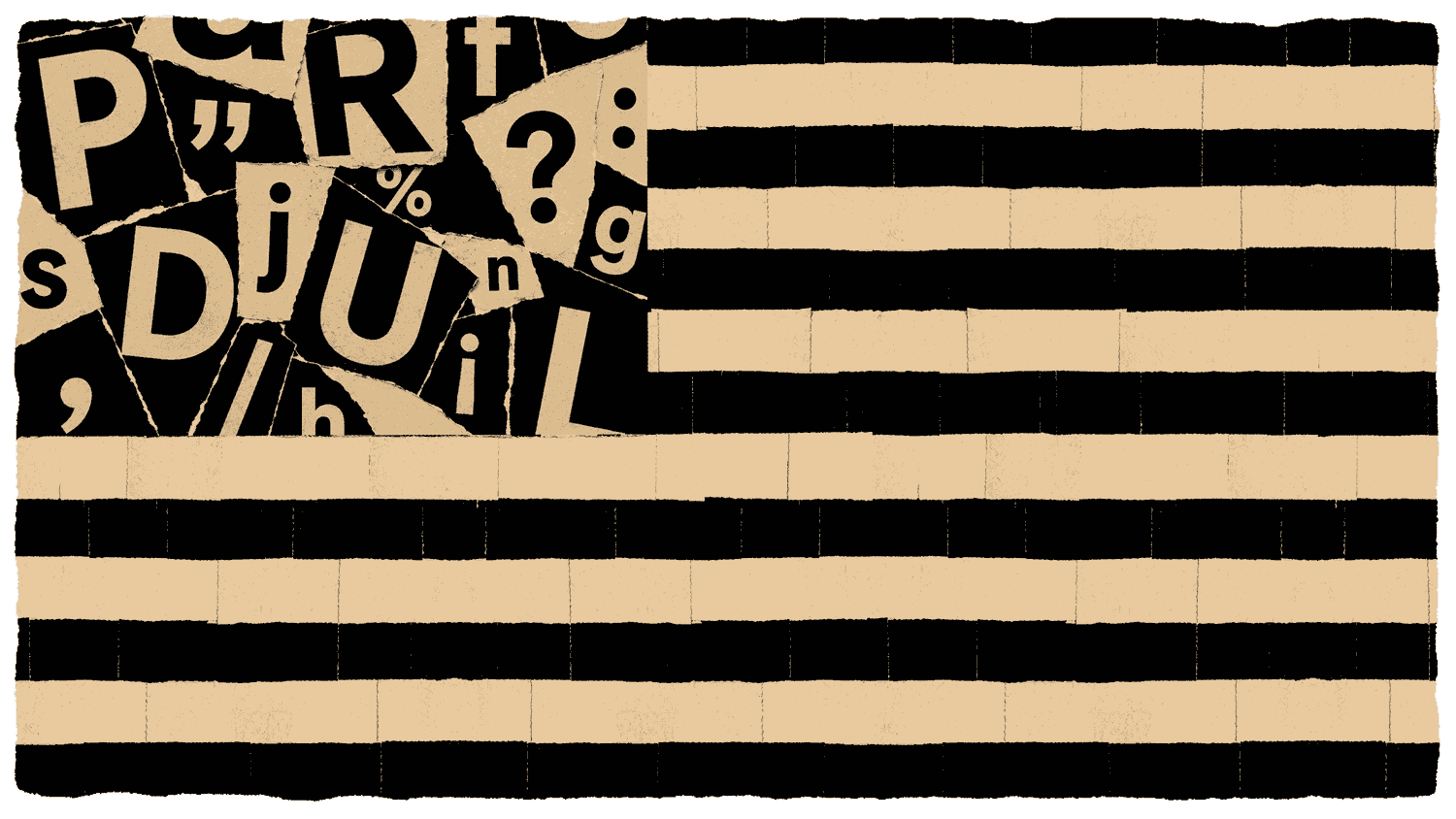 Collage of torn newspaper letters spelling 'PART', 'DJUL' and various punctuation marks in front of a stylized American flag with black and beige stripes.