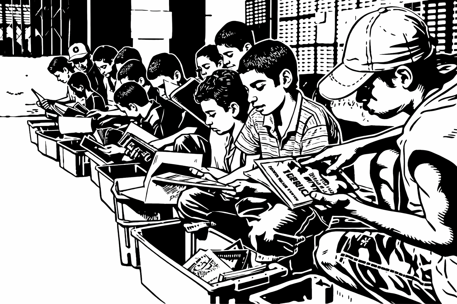A group of young boys sitting in a row eating and reading comics.